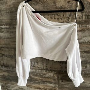 Jennifer Lopez one shoulder crop sweatshirt